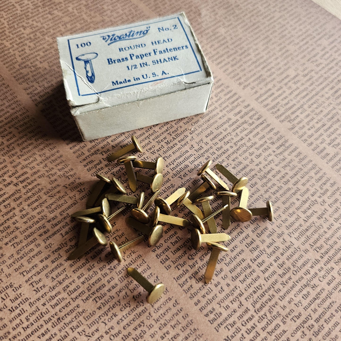 Vintage Box of Noesting Brass Paper Fasteners No. 2