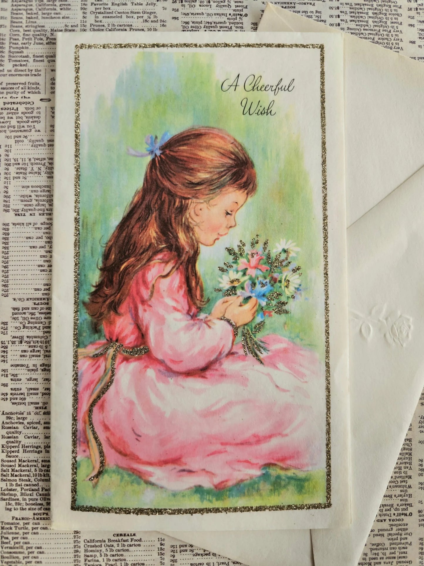 "A Cheerful Wish" Vintage Greeting Card and Envelope