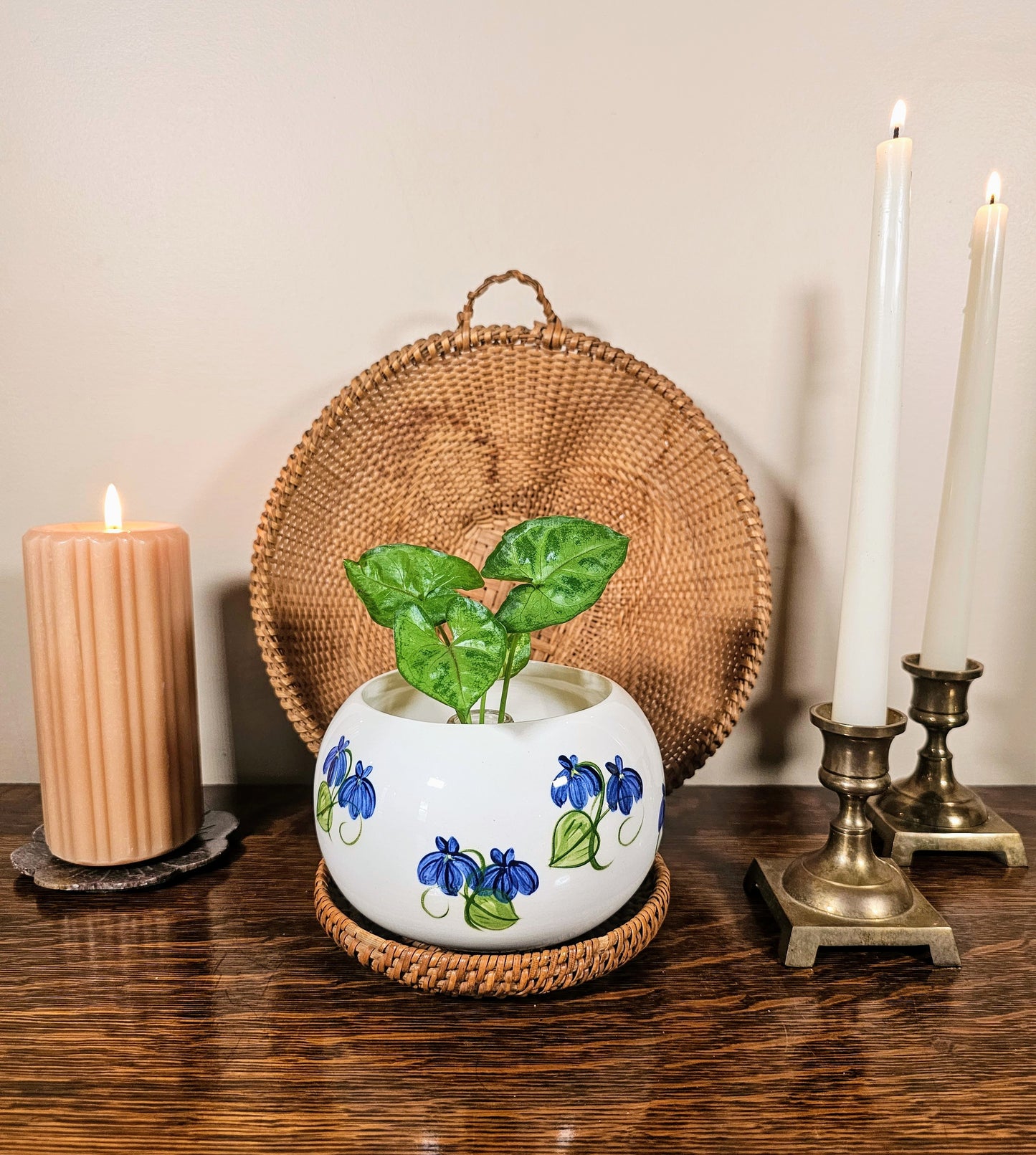 Vintage Blue & Green Floral Ceramic Vase Planter