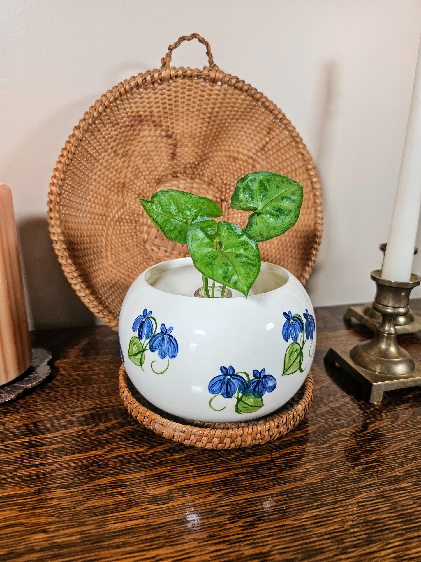 Vintage Blue & Green Floral Ceramic Vase Planter