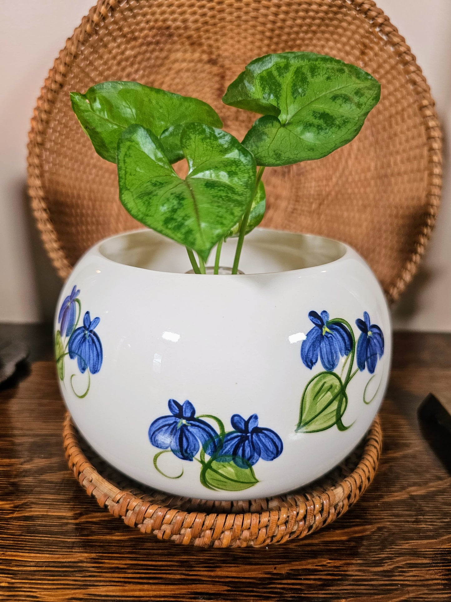 Vintage Blue & Green Floral Ceramic Vase Planter