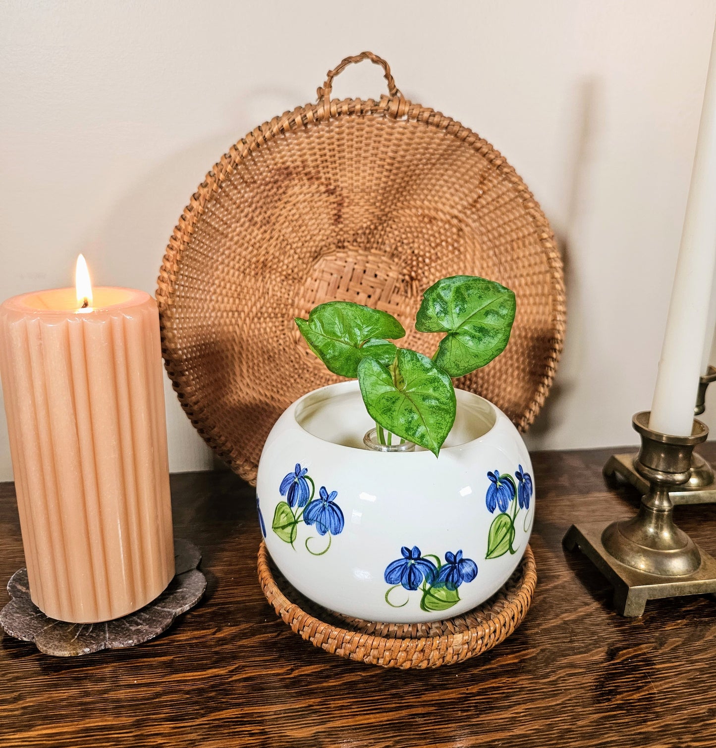 Vintage Blue & Green Floral Ceramic Vase Planter