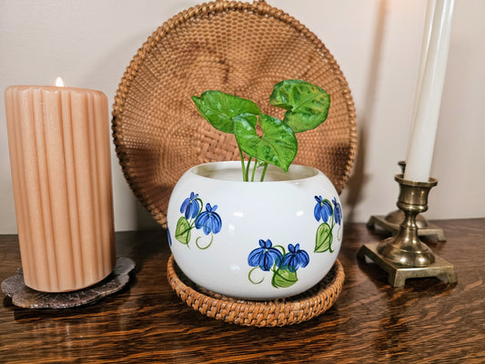 Vintage Blue & Green Floral Ceramic Vase Planter