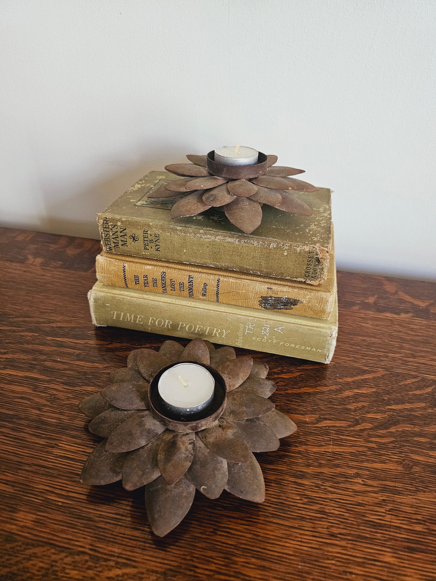 Vintage Metal Lotus Flower Tealight Candle Holders (Set of 2) Rustic Farmhouse Decor