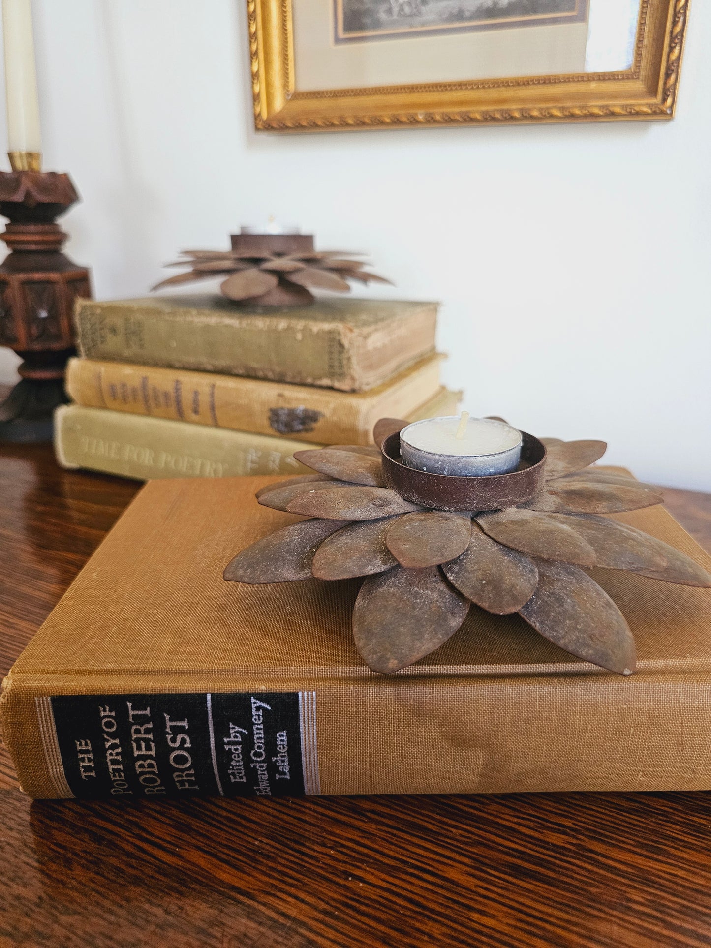 Vintage Metal Lotus Flower Tealight Candle Holders (Set of 2) Rustic Farmhouse Decor