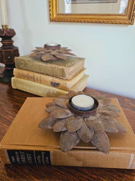 Vintage Metal Lotus Flower Tealight Candle Holders (Set of 2) Rustic Farmhouse Decor