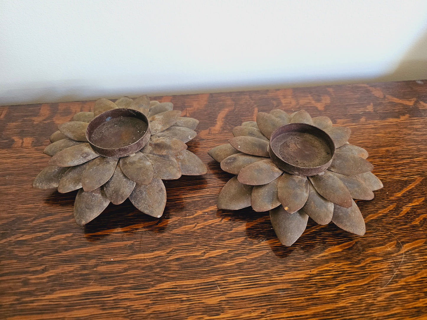 Vintage Metal Lotus Flower Tealight Candle Holders (Set of 2) Rustic Farmhouse Decor