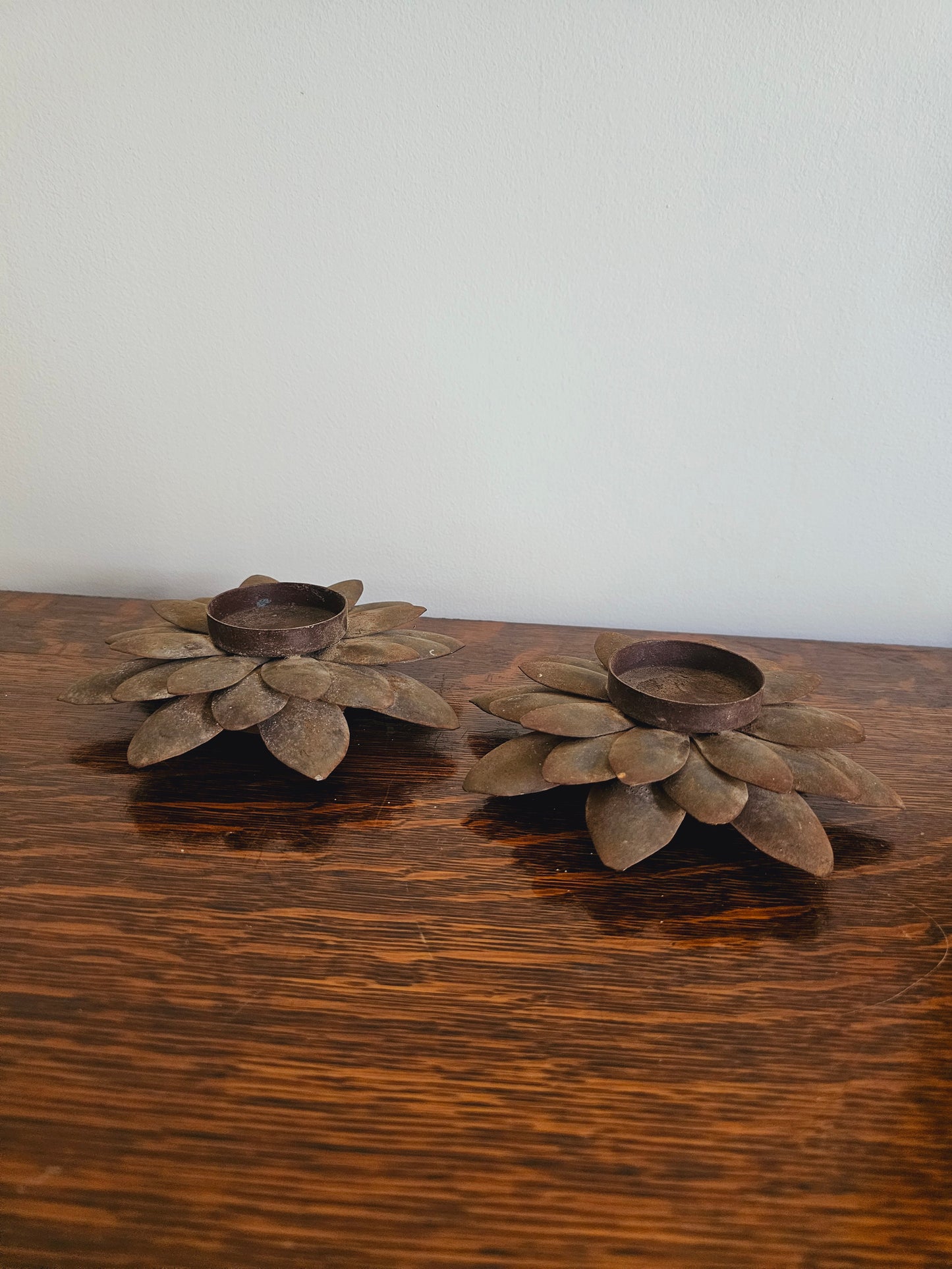 Vintage Metal Lotus Flower Tealight Candle Holders (Set of 2) Rustic Farmhouse Decor