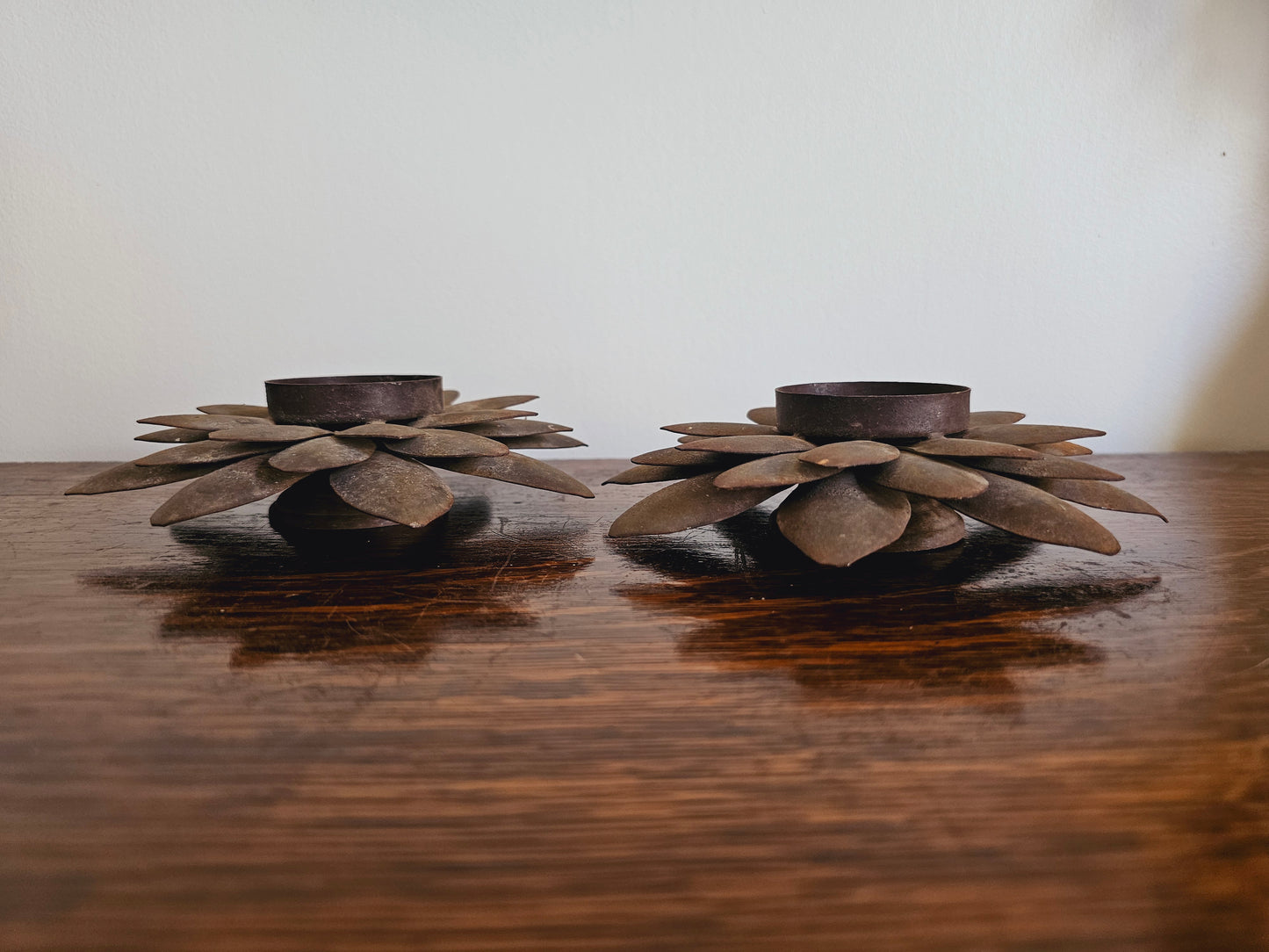 Vintage Metal Lotus Flower Tealight Candle Holders (Set of 2) Rustic Farmhouse Decor