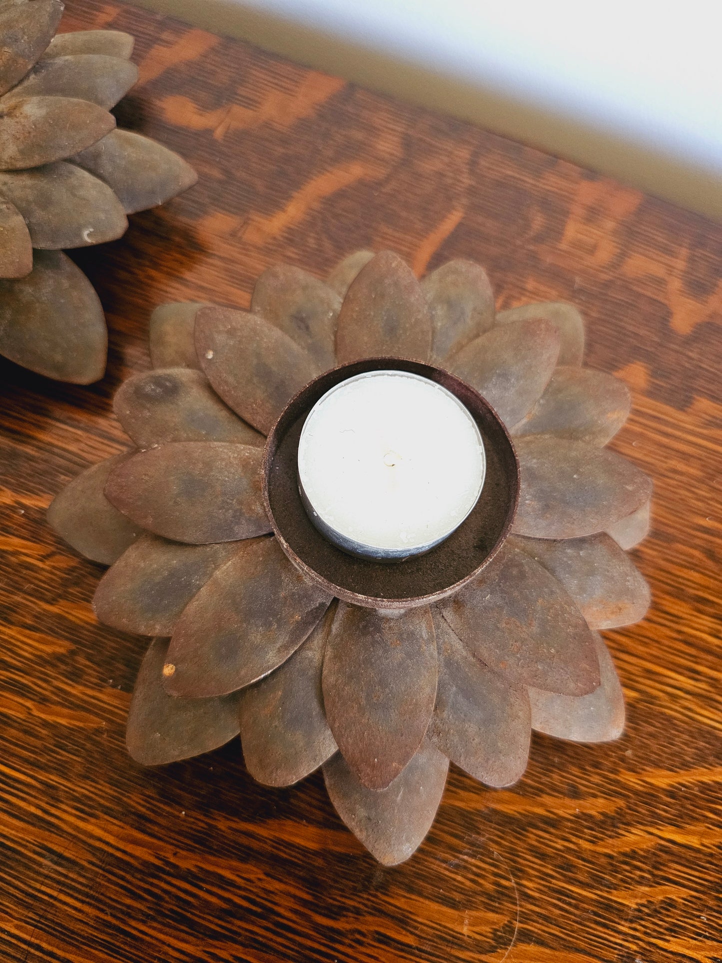 Vintage Metal Lotus Flower Tealight Candle Holders (Set of 2) Rustic Farmhouse Decor