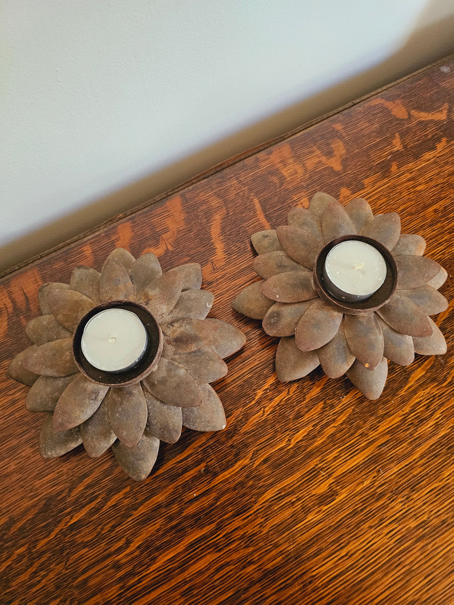 Vintage Metal Lotus Flower Tealight Candle Holders (Set of 2) Rustic Farmhouse Decor