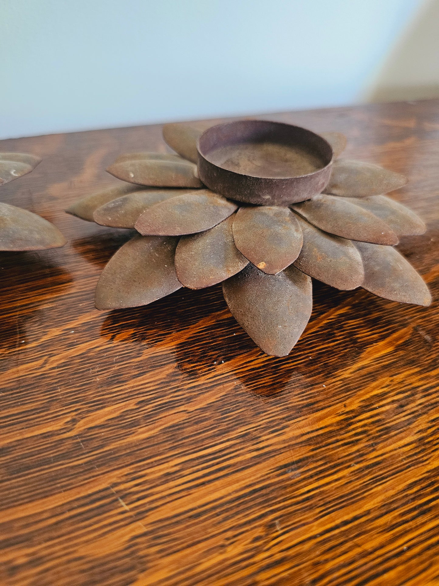 Vintage Metal Lotus Flower Tealight Candle Holders (Set of 2) Rustic Farmhouse Decor