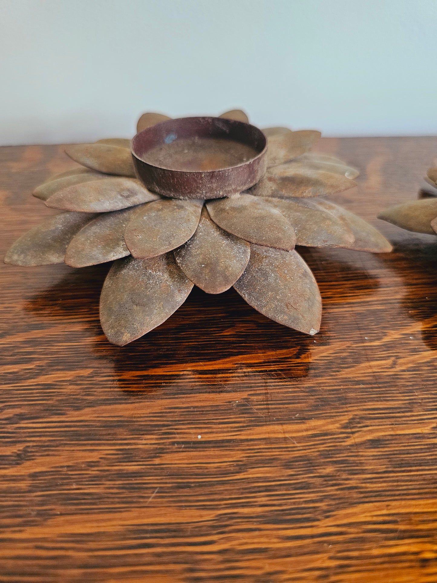 Vintage Metal Lotus Flower Tealight Candle Holders (Set of 2) Rustic Farmhouse Decor