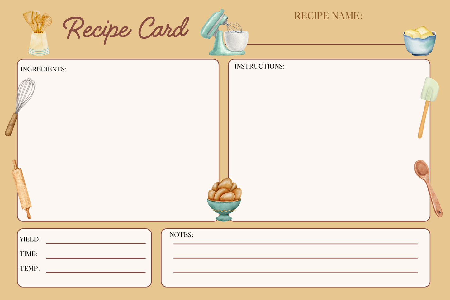 Retro Handmade Recipe Cards - Set of 10