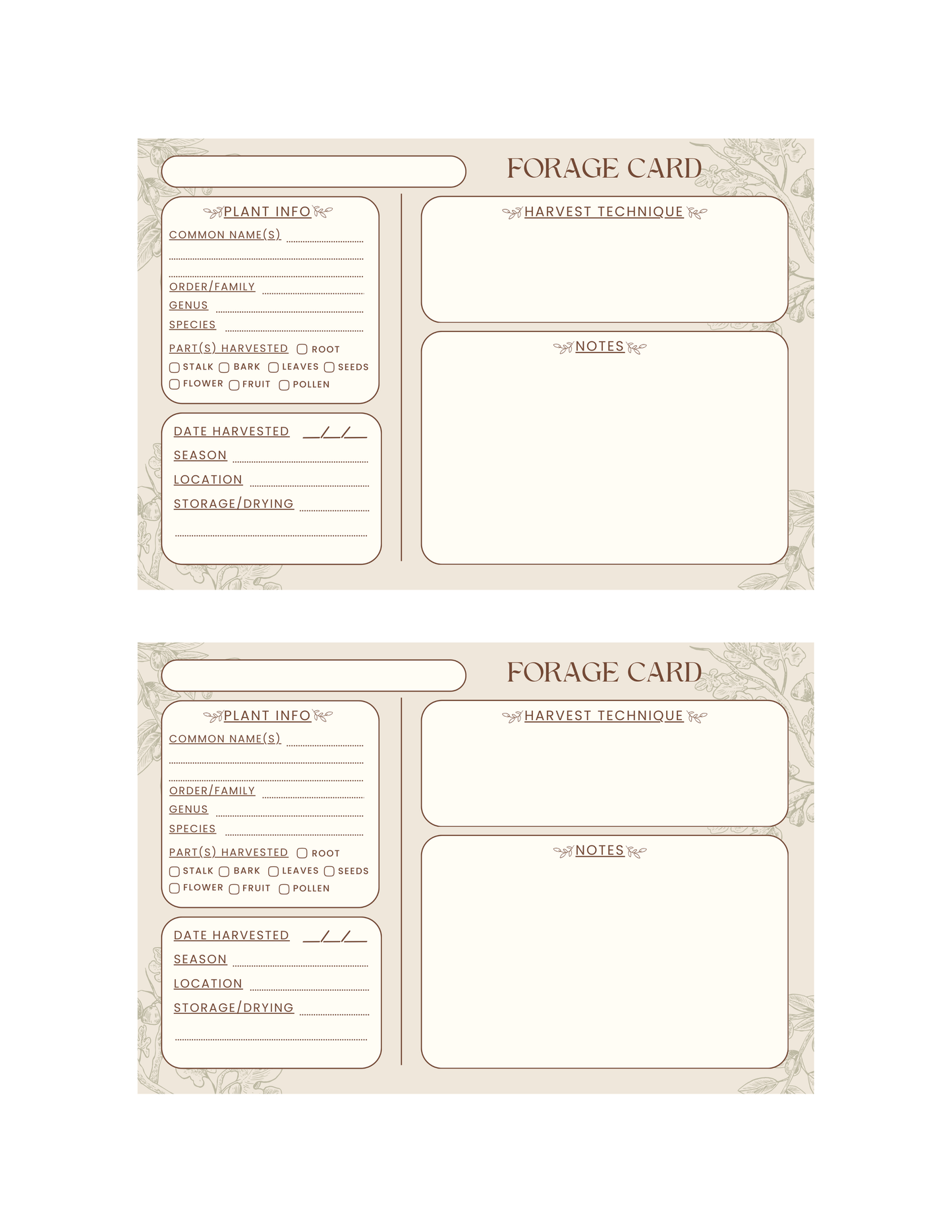 Printable Forage Card Template | 4x6 Editable Design (Digital Download)