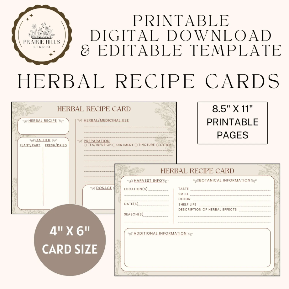 Printable Herbal Recipe Card Template | 4x6 Editable Design (Digital Download)