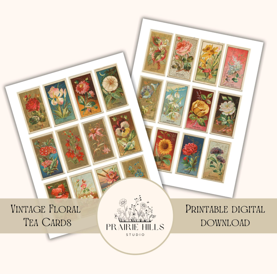 Vintage Floral Tea Cards: (Digital Download) Junk Journal Ephemera Kit