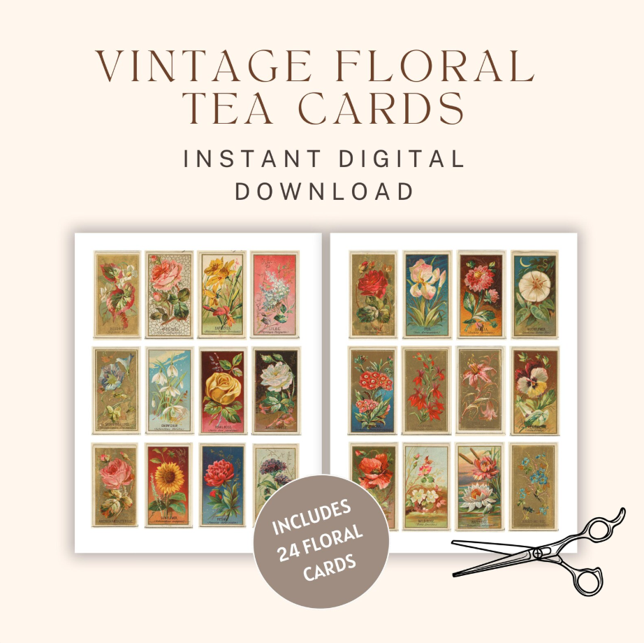 Vintage Floral Tea Cards: (Digital Download) Junk Journal Ephemera Kit