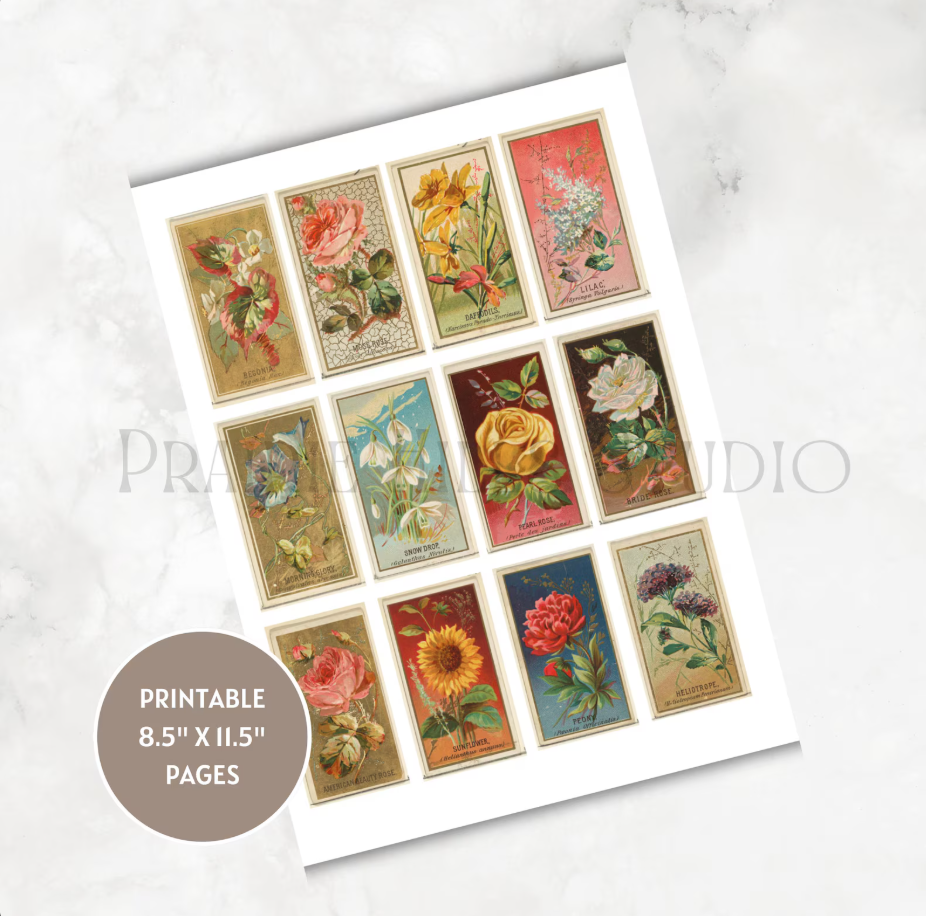 Vintage Floral Tea Cards: (Digital Download) Junk Journal Ephemera Kit
