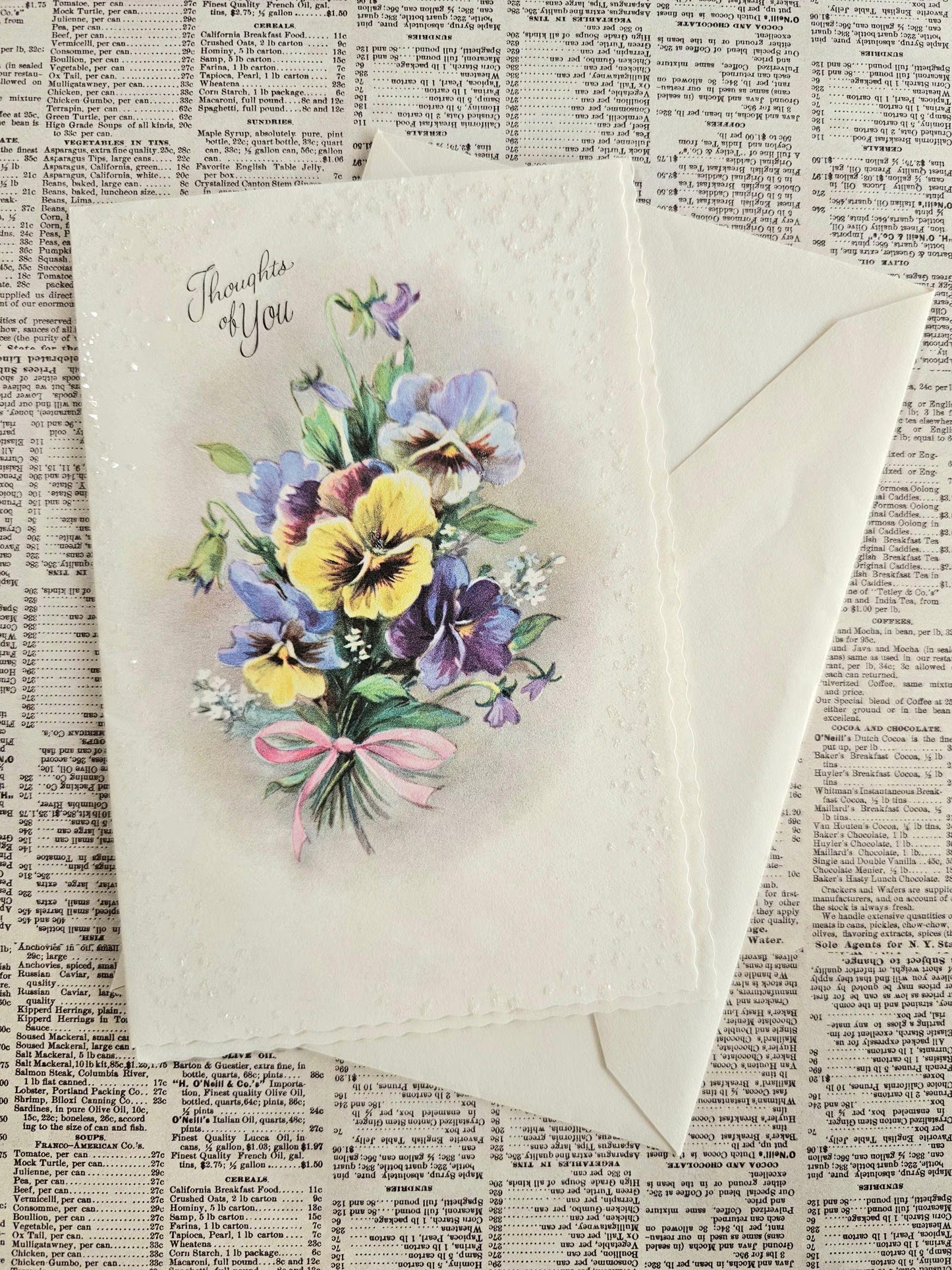 "Thoughts of You" Vintage Greeting Card and Envelope