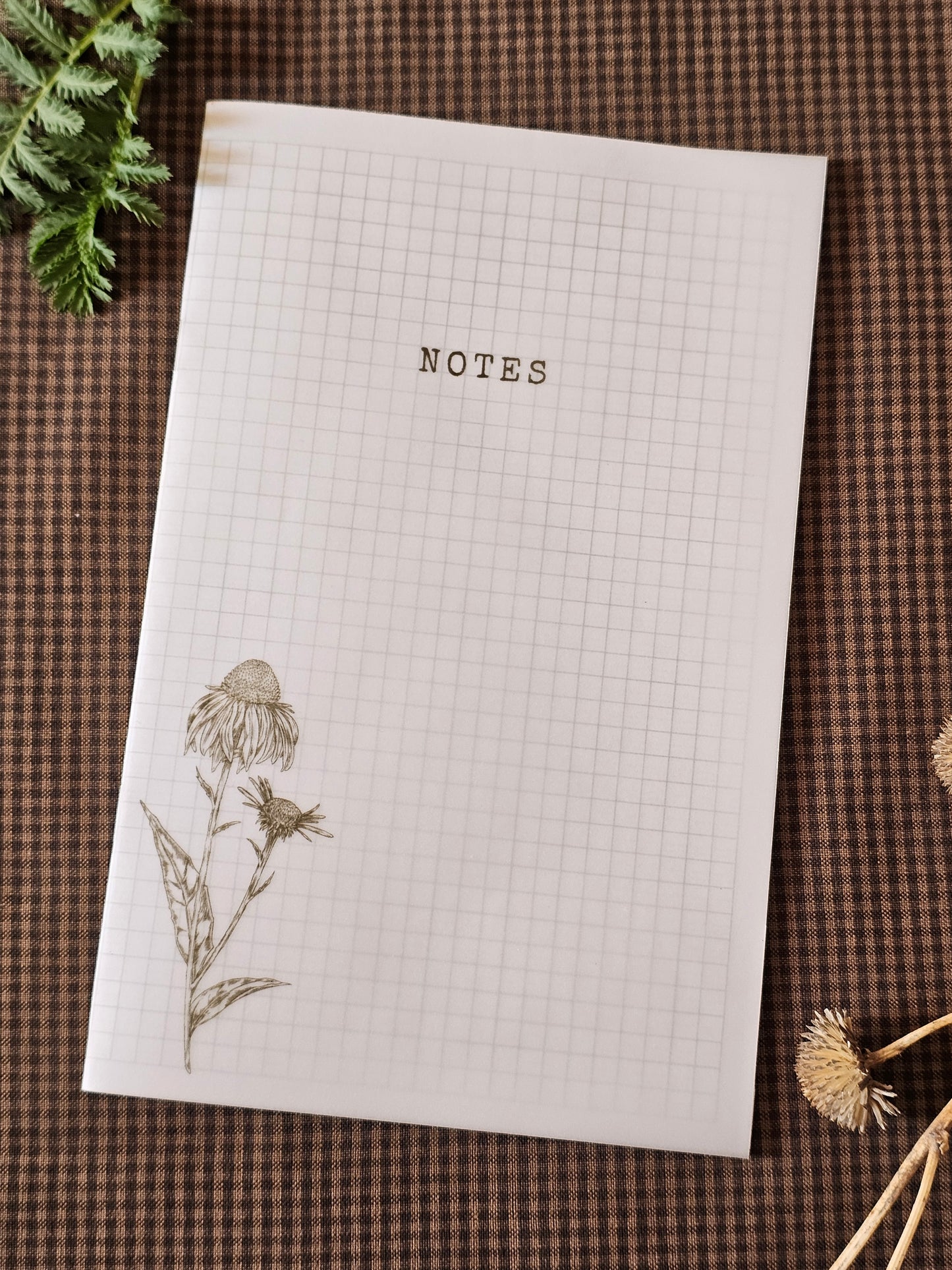 Handmade Coneflower Pocket Notebook | Grid-Lined Vellum Overlay