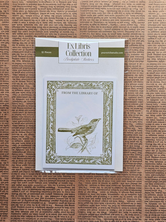 Ex Libris Collection Bookplate Stickers | Bird & Branch Illustration Stickers | 12 Pack | Adhesive Bookplates