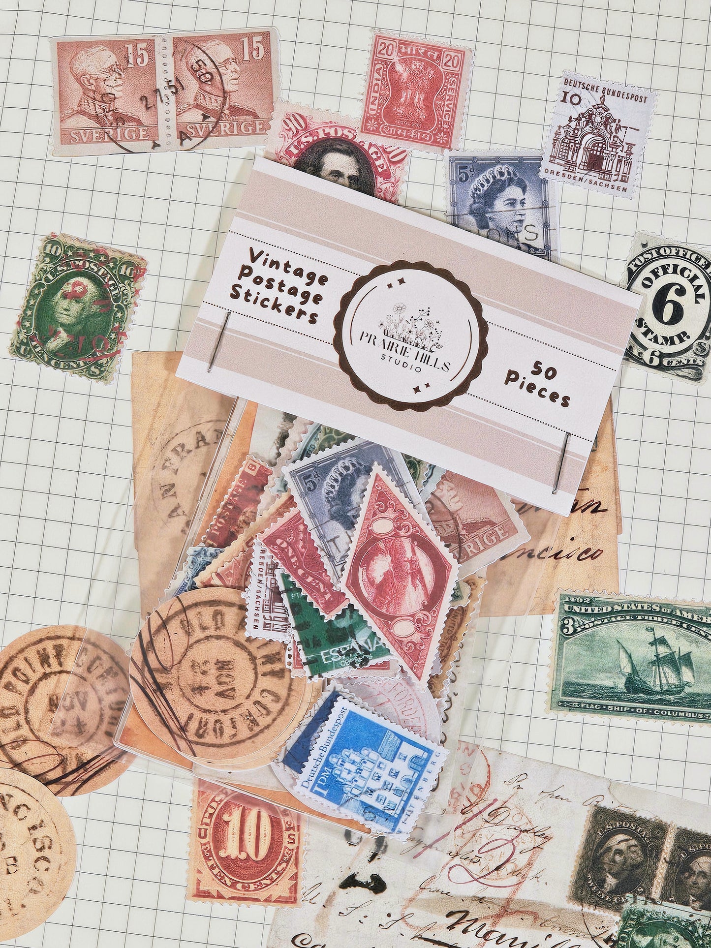 Vintage Postage Stamp Faux Stickers | 50 Pcs