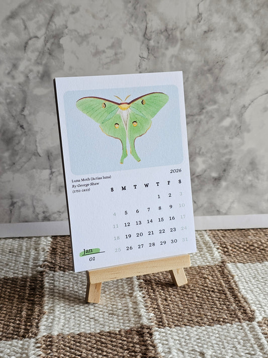 Moths & Butterflies 2026 Mini Desk Calendar & Display Easel | 12 Month Calendar