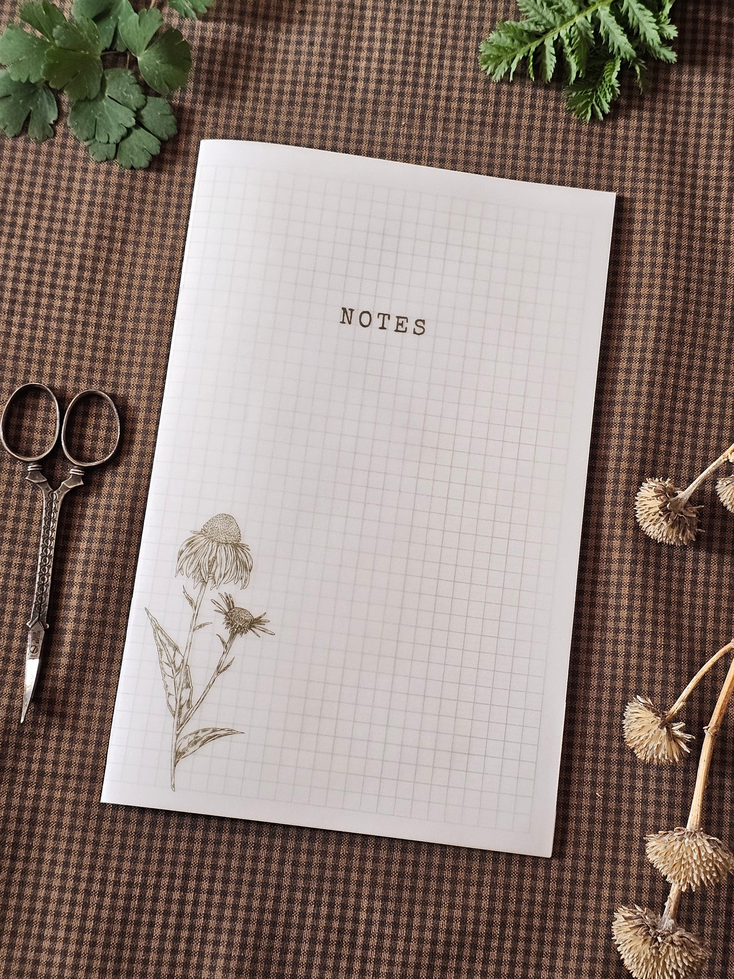 Handmade Coneflower Pocket Notebook | Grid-Lined Vellum Overlay