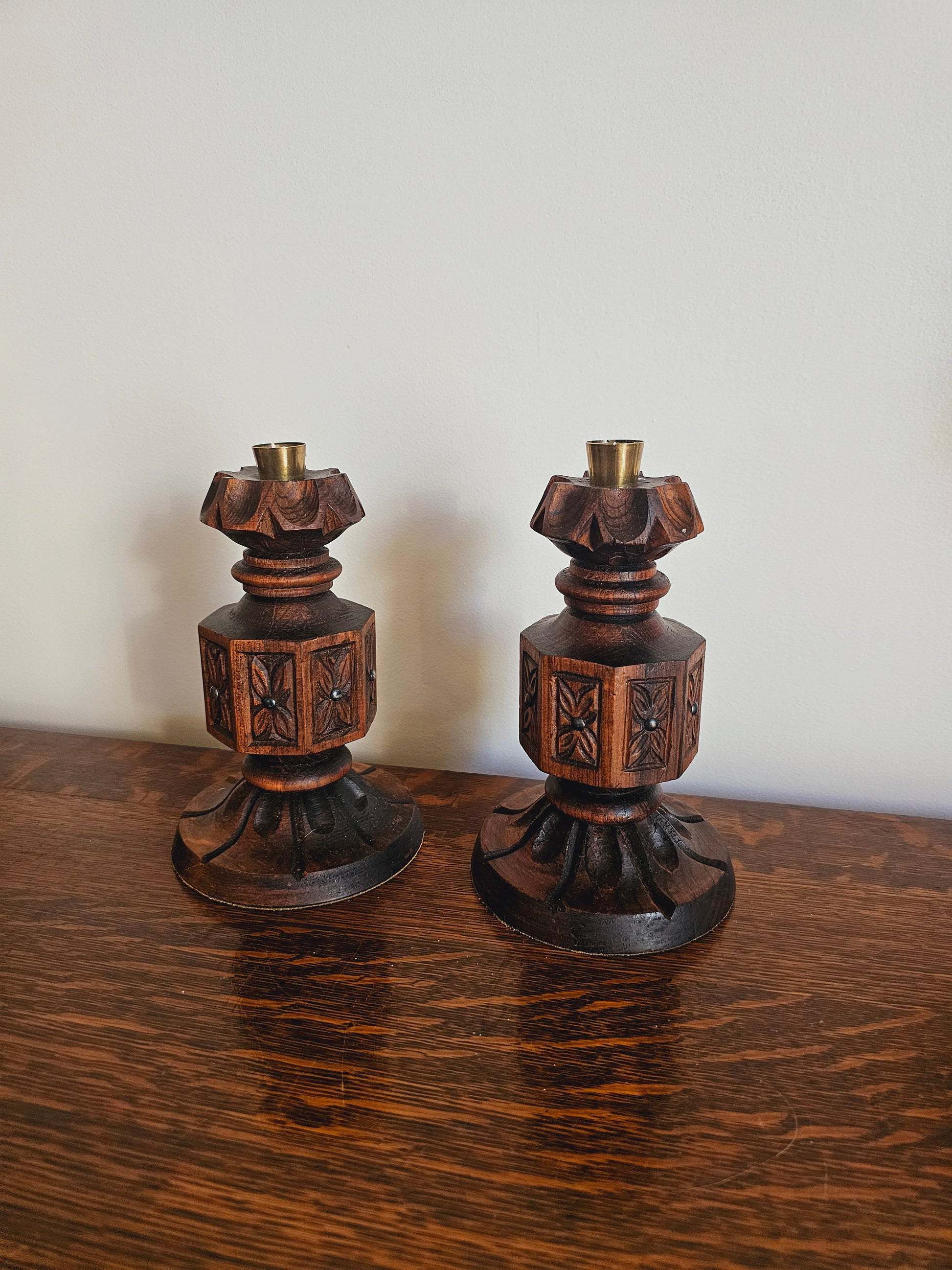 Vintage Mid Century Modern Wood Candle Holders (Teak & Brass), Natural Wood Boho Decor, Rustic Wooden Home Accents, Taper Candlestick Holder