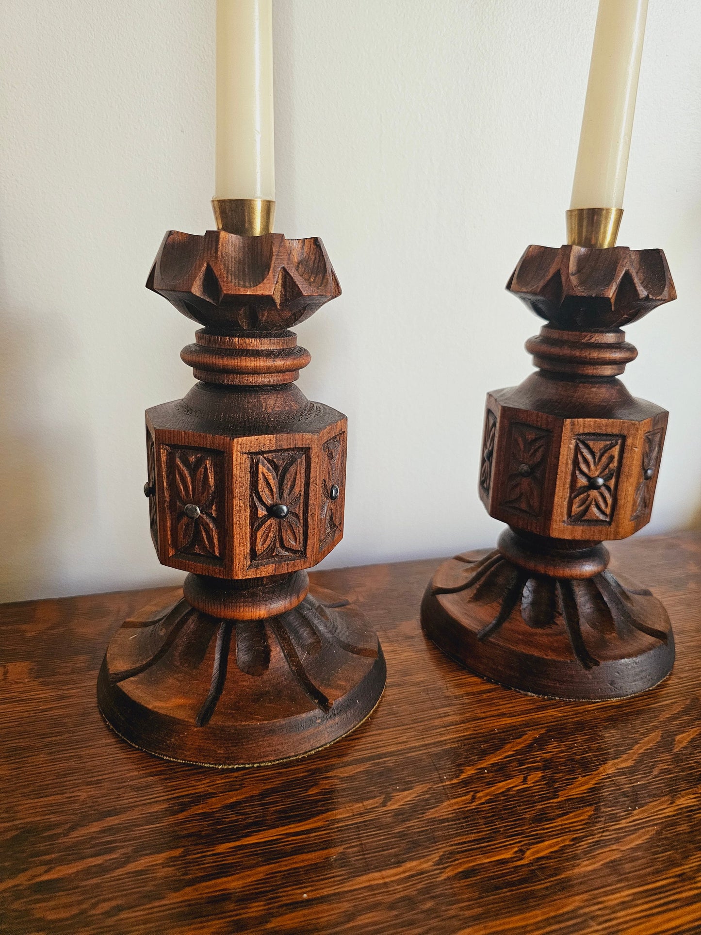 Vintage Mid Century Modern Wood Candle Holders (Teak & Brass), Natural Wood Boho Decor, Rustic Wooden Home Accents, Taper Candlestick Holder