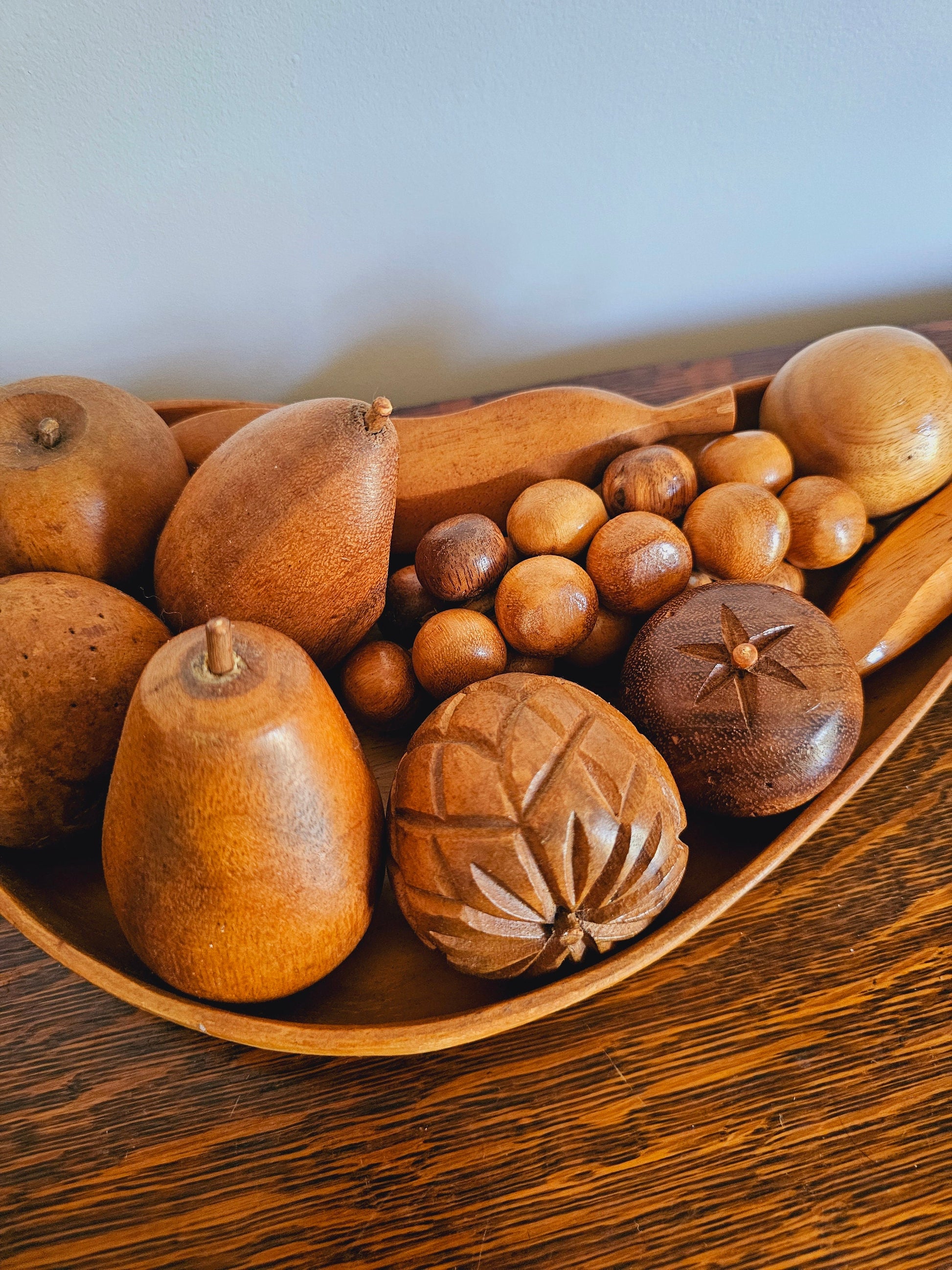 Vintage Mid Century Modern Wooden Fruit Bowl Sculpture, Wood Fruit Art, Arrangeable Art, Wooden Decor, Boho Decor, Faux Fruit Centerpiece