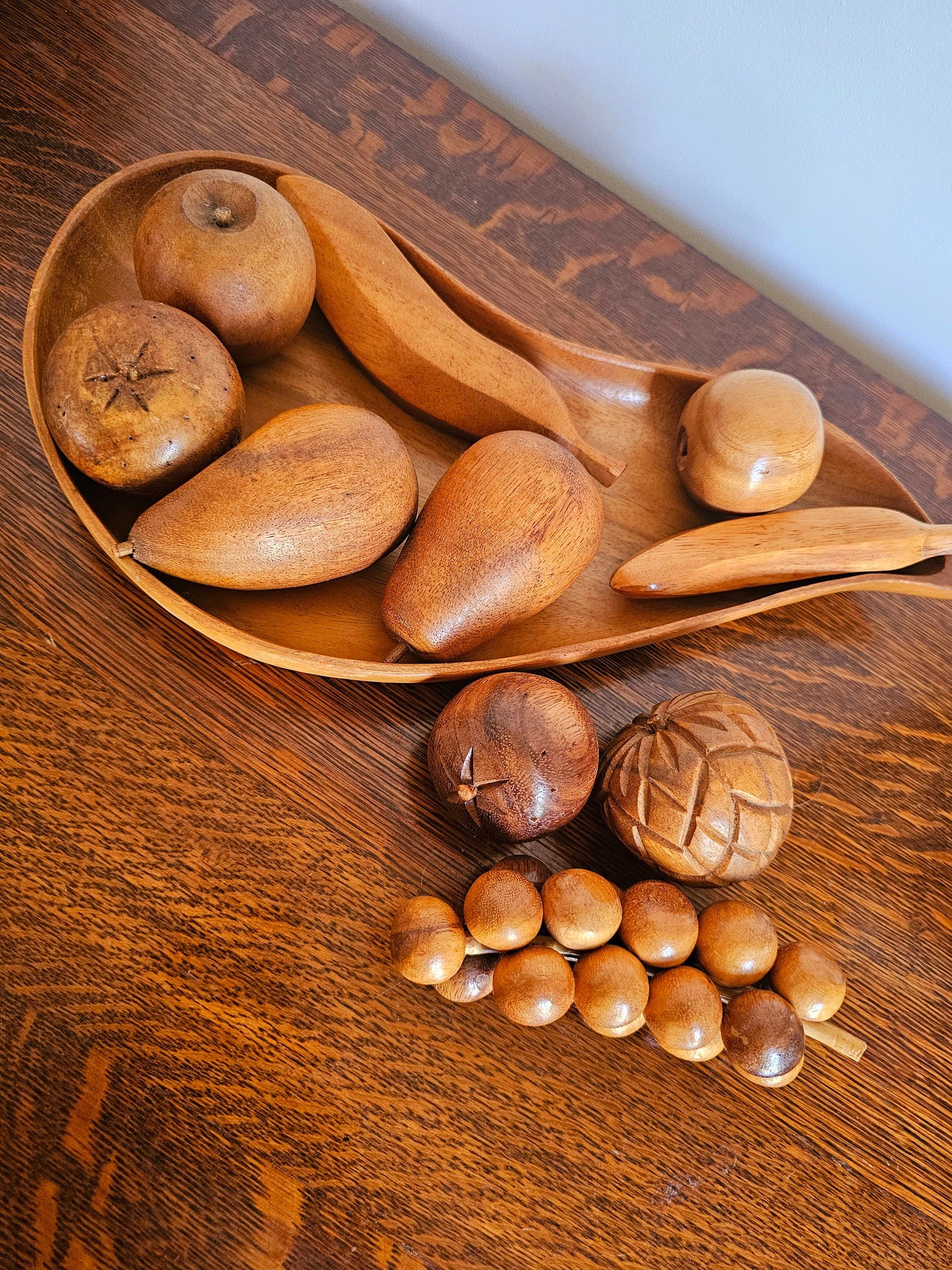 Vintage Mid Century Modern Wooden Fruit Bowl Sculpture, Wood Fruit Art, Arrangeable Art, Wooden Decor, Boho Decor, Faux Fruit Centerpiece