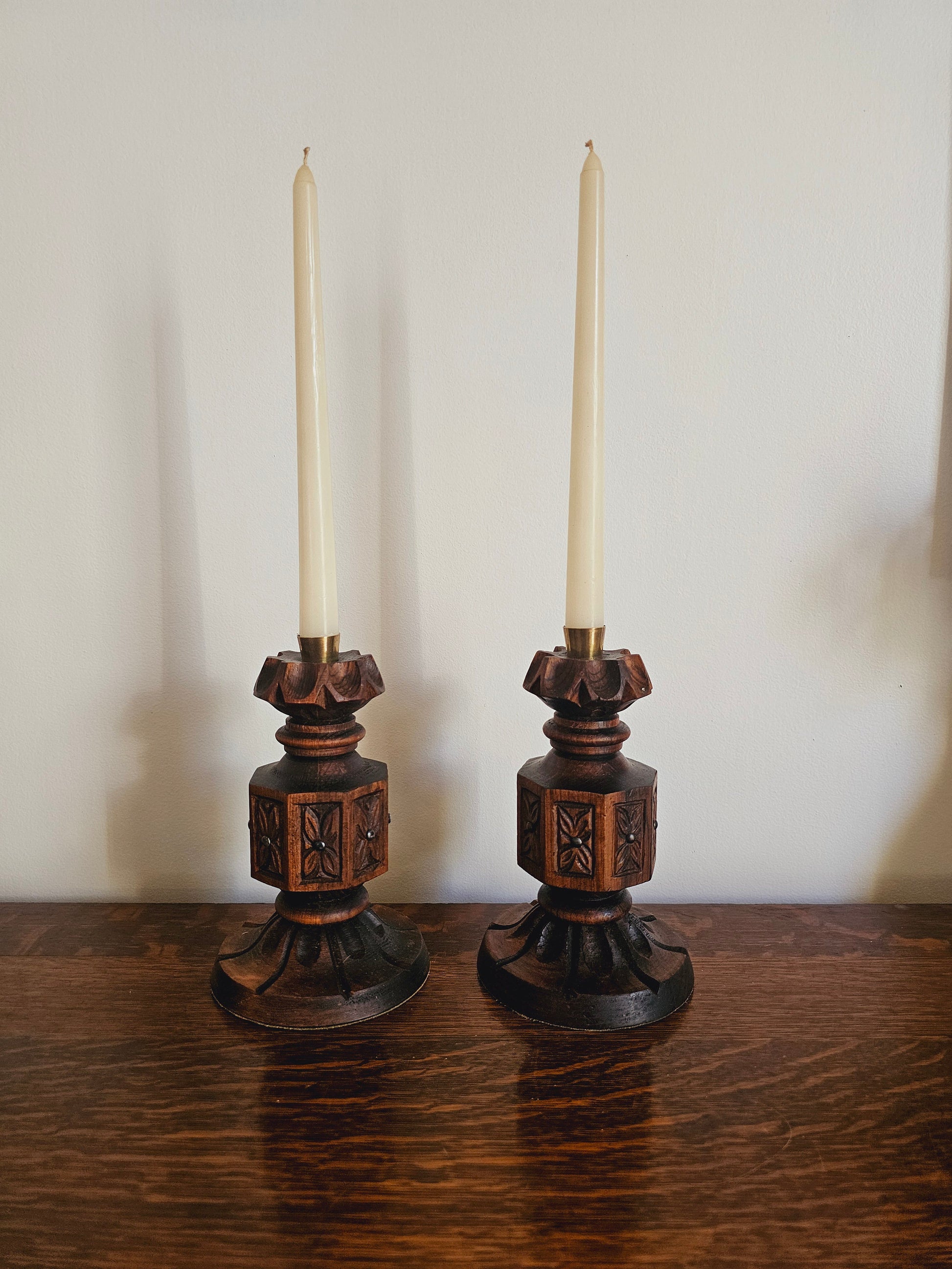 Vintage Mid Century Modern Wood Candle Holders (Teak & Brass), Natural Wood Boho Decor, Rustic Wooden Home Accents, Taper Candlestick Holder