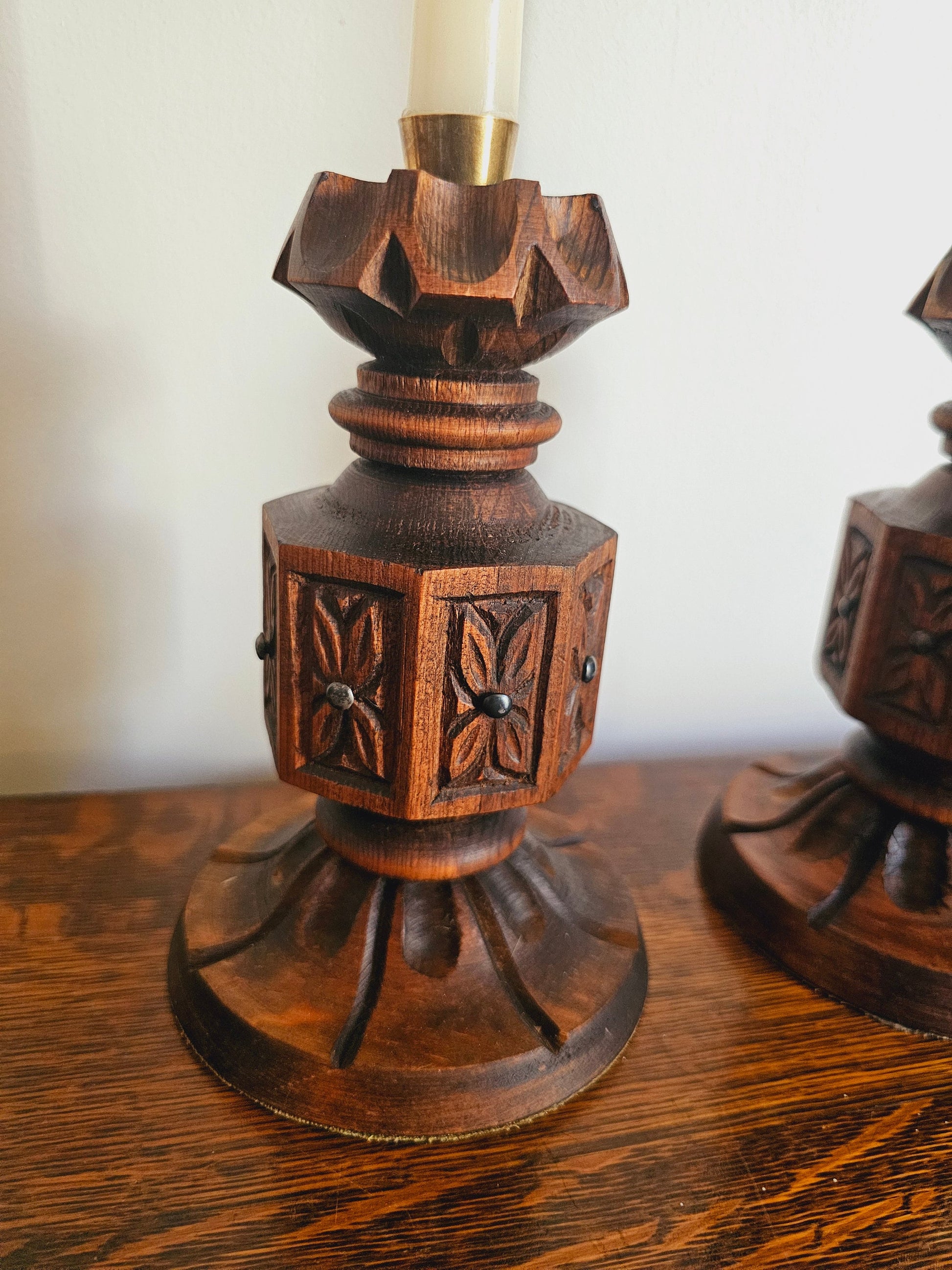 Vintage Mid Century Modern Wood Candle Holders (Teak & Brass), Natural Wood Boho Decor, Rustic Wooden Home Accents, Taper Candlestick Holder