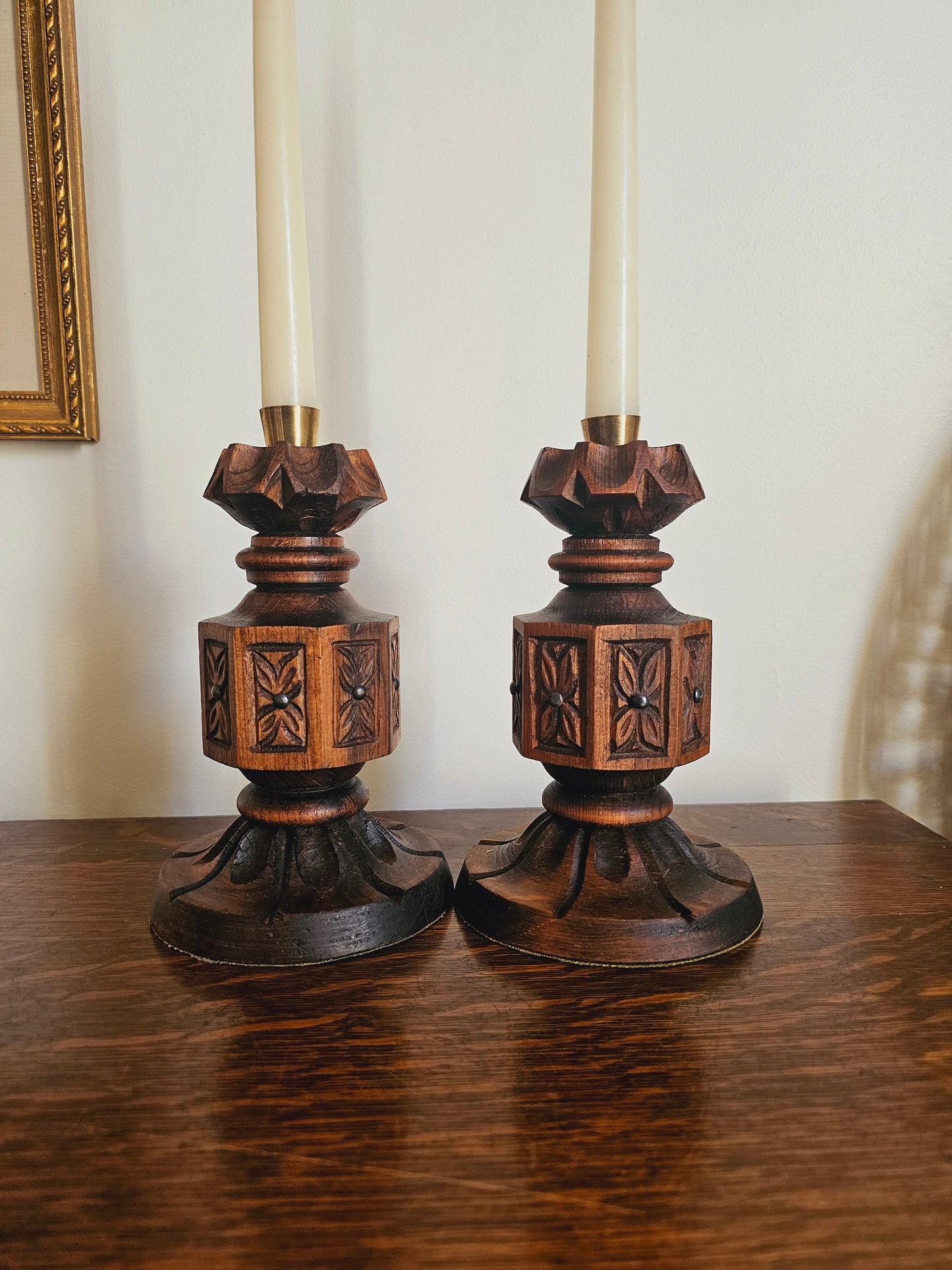 Vintage Mid Century Modern Wood Candle Holders (Teak & Brass), Natural Wood Boho Decor, Rustic Wooden Home Accents, Taper Candlestick Holder