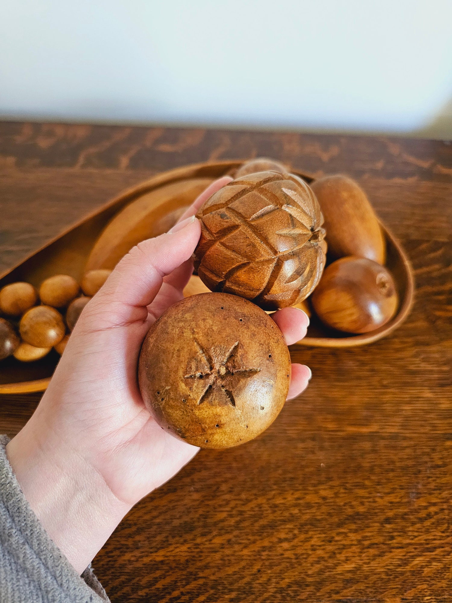 Vintage Mid Century Modern Wooden Fruit Bowl Sculpture, Wood Fruit Art, Arrangeable Art, Wooden Decor, Boho Decor, Faux Fruit Centerpiece